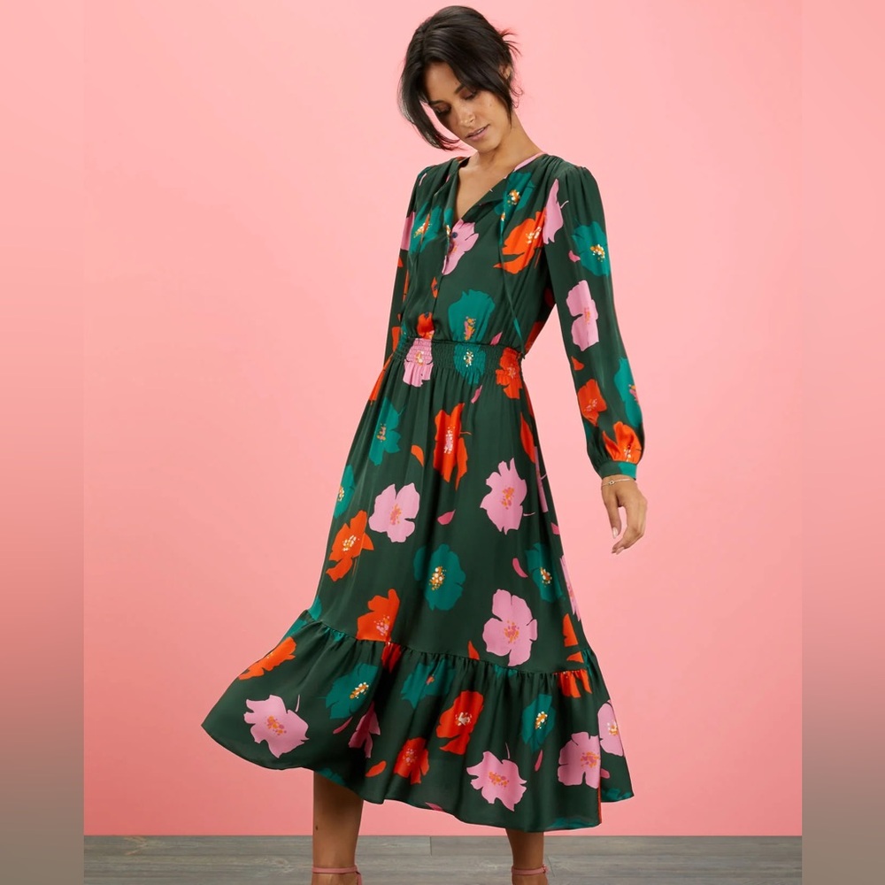 Tucker NYC The Juliette Dress 100% Silk Large Evergreen Poppies